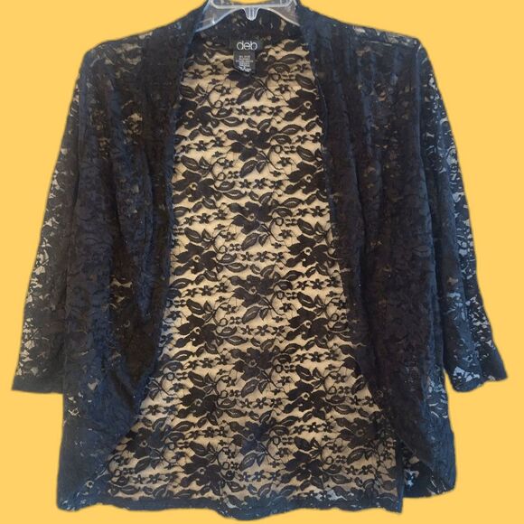 Vintage Deb Black Lace Cardigan 2XL Shawl Collar Whimsigoth Dark Feminine Grunge - Picture 1 of 5